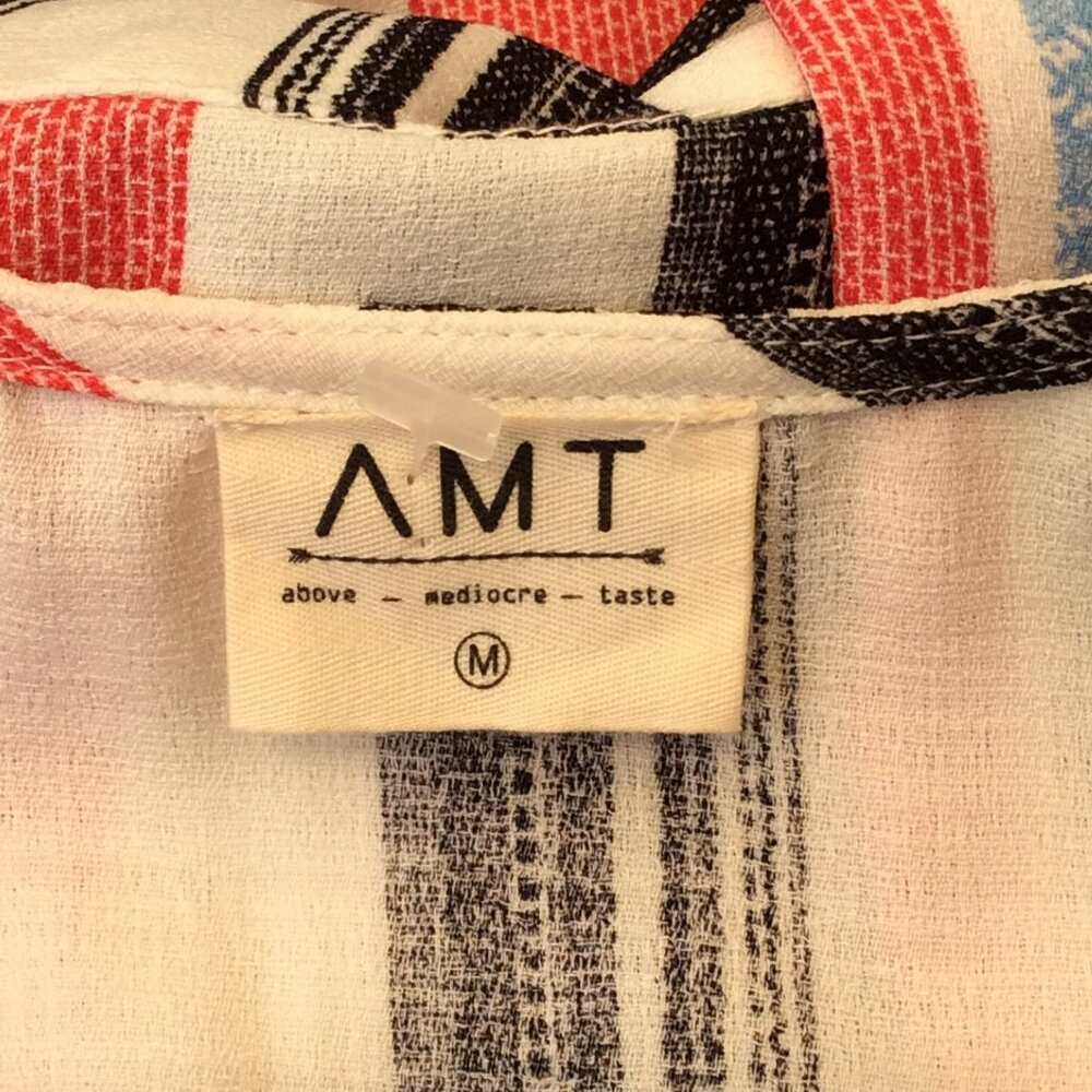 AMT Size M Long Puff Sleeve Dress Gypsy Boho Retro V-Neck Tassel Lace-up Striped - Picture 12 of 13